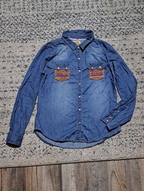 Beulah Blue Denim Snap Shirt with Embroidery